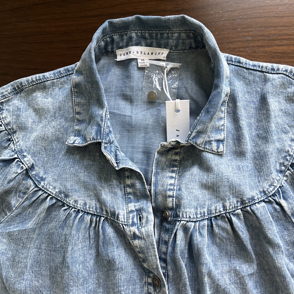 Women's Chambray Blouse XS Short Sleeve Denim Blue Puff Sleeve Bohemian Prairie - Picture 3 of 10